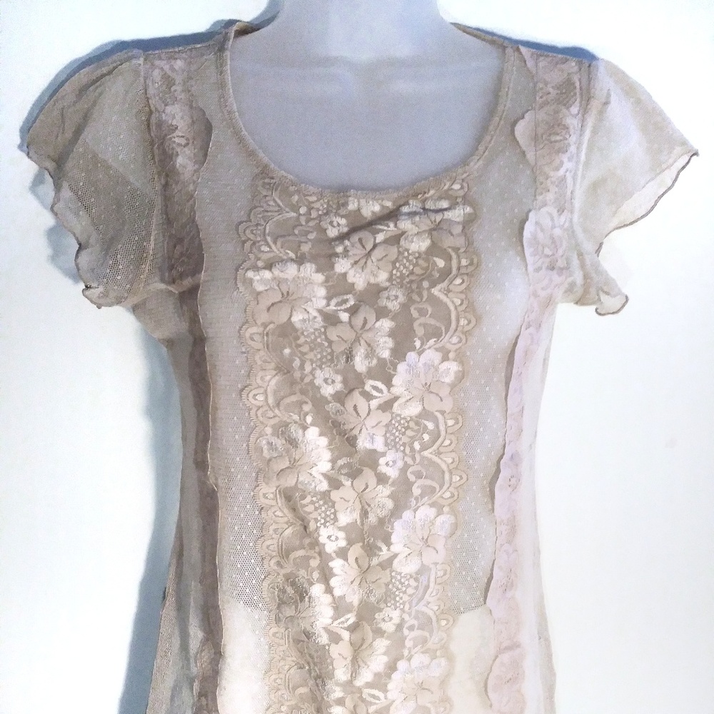 Tan nude cream lace sheer shirt top Forever 21 S